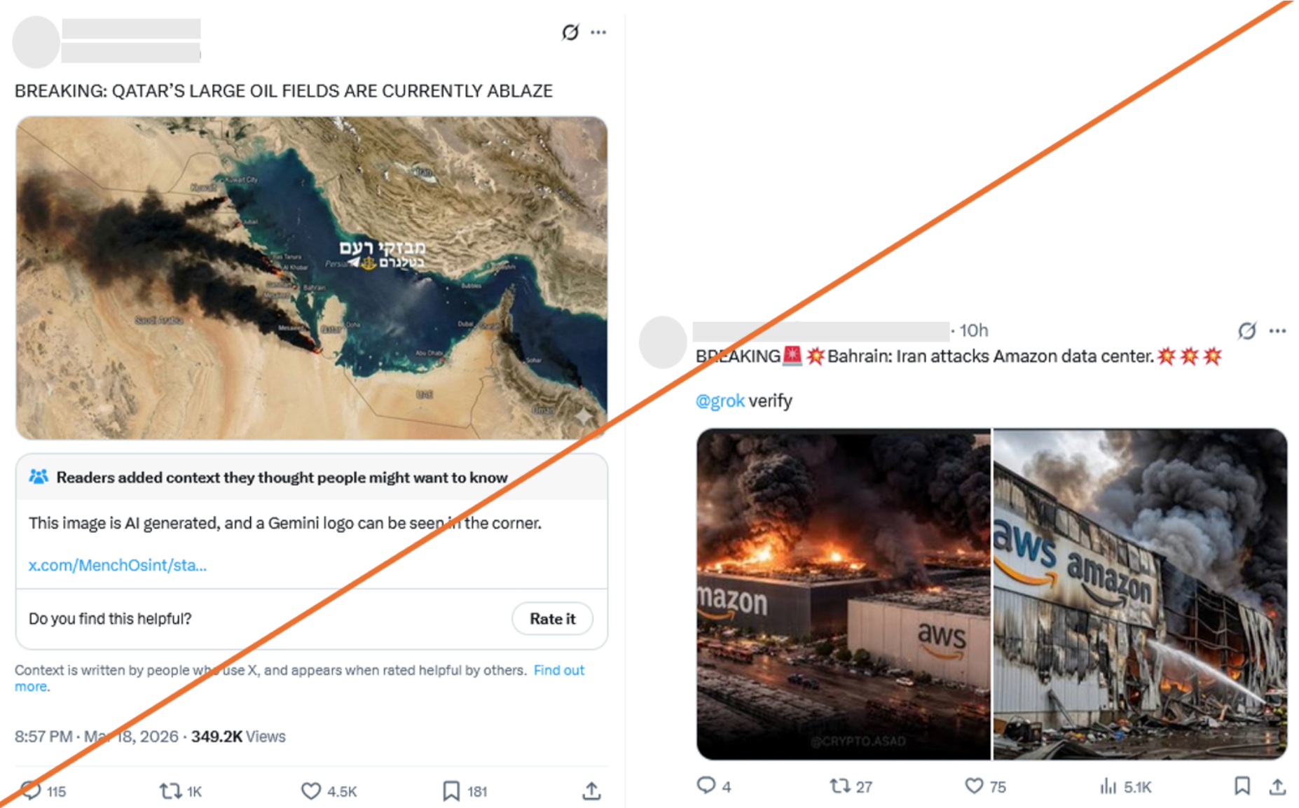 Abbildung 2: KI-generierte Bilder zeigen angebliche Brände in Katar und Zerstörungen der Amazon-Datenzentren in Bahrain.