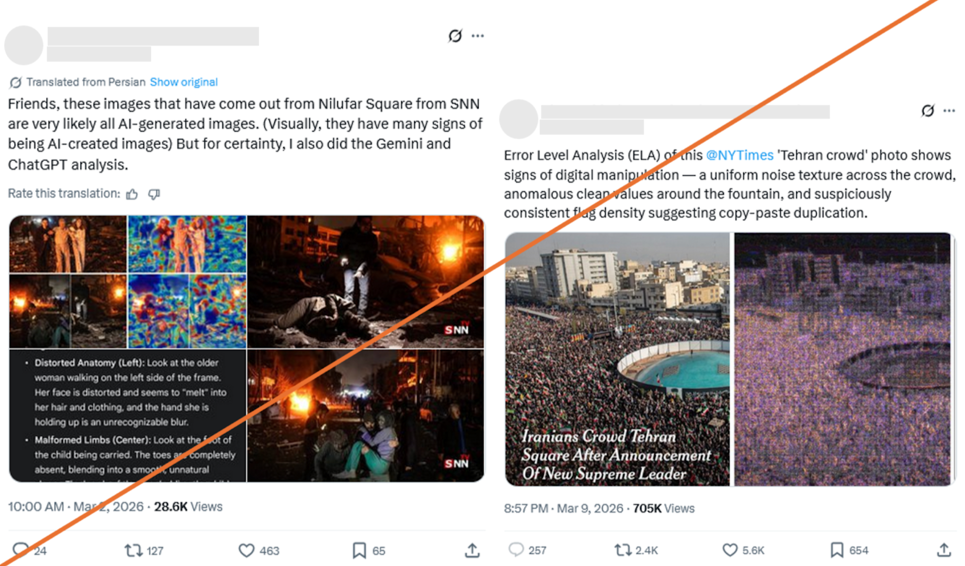 Abbildung 3: Posts auf X zweifeln Bilder aus dem Iran als KI-generiert an.