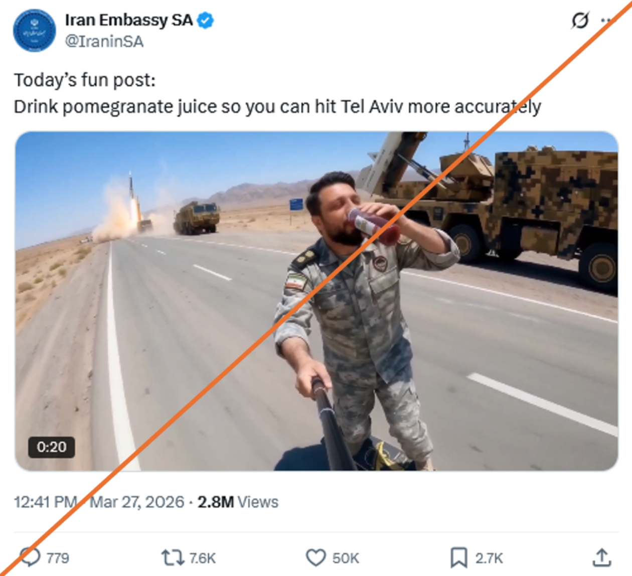 Abbildung 4: Post der iranischen Botschaft in Südafrika auf X erhielt 2,8 Millionen Views.