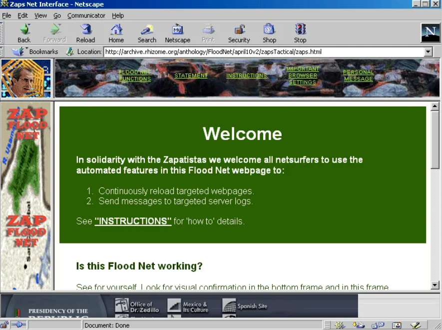 Abbildung 1. Screenshot von Flood Net – einem Programm für erste DDoS-Angriffe, die als künstlerische und politische Aktion geplant wurden.