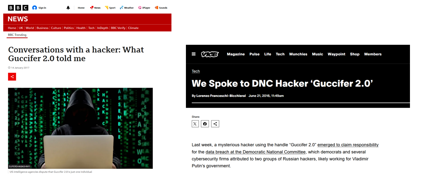 Abbildung 2. Screenshots eines BBC- und eines Vice-Artikels, die über Gespräche mit einem Hacker namens „Guccifer 2.0“ berichten. Unter dem Decknamen „Guccifer 2.0“ kommunizierten russische Geheimdienste mit westlichen Medien.