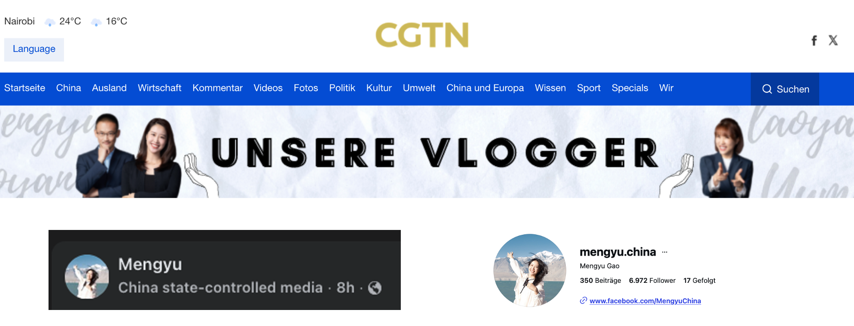 Abbildung 5: Die Influencerin Mengyu wird auf der Webseite des chinesischen Auslandsmediums CGTN geführt. Ihre Facebook-Seite ist als staatlich-kontrolliertes Medium gekennzeichnet, ihr Instagram-Profil nicht. Ihre Beiträge sind nicht in der MCL abrufbar.