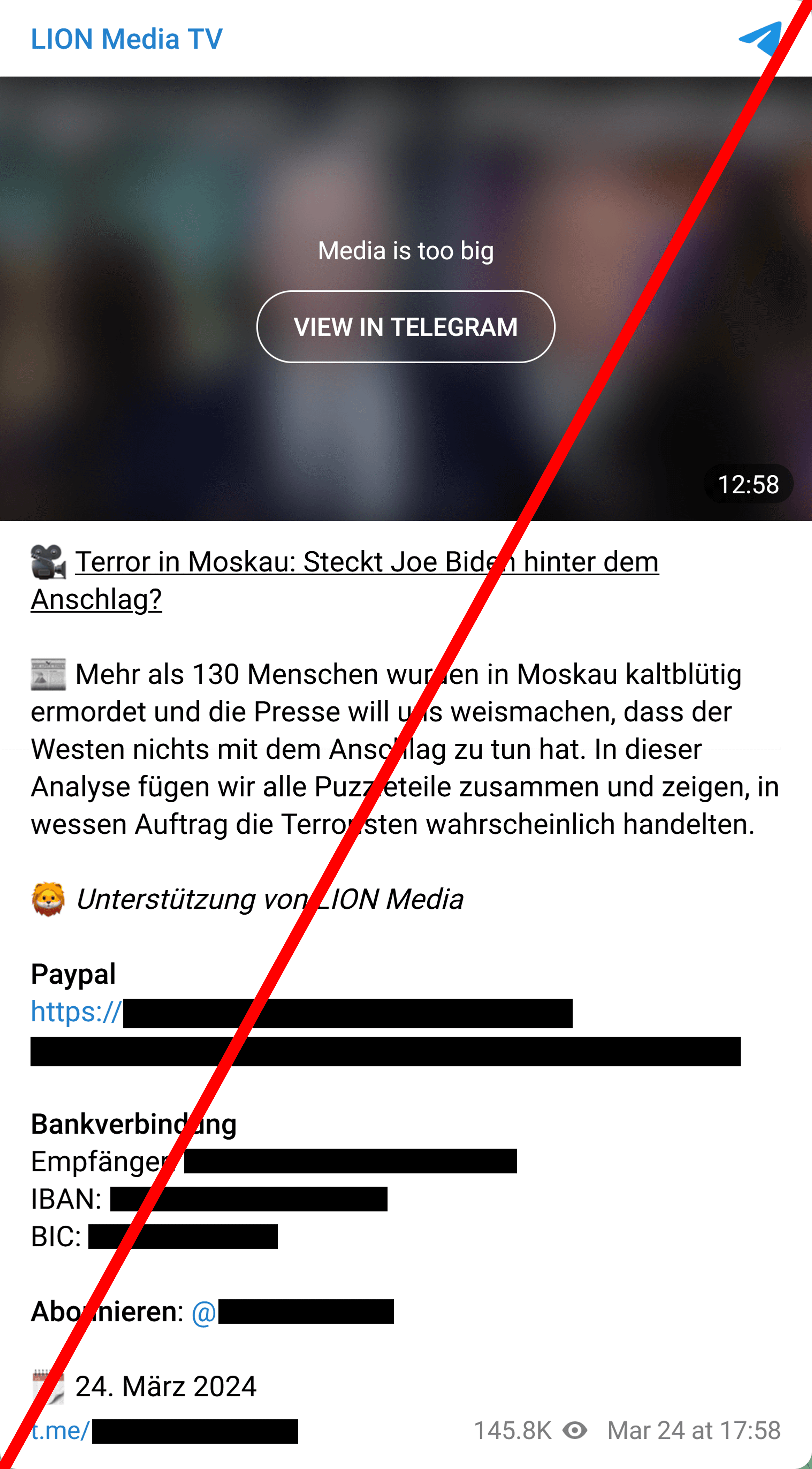 Screenshot aus Telegram: 'LION Media TV' teilt ein Video mit dem Titel 'Terror in Moskau: Steckt Joe Biden hinter dem Anschlag?'