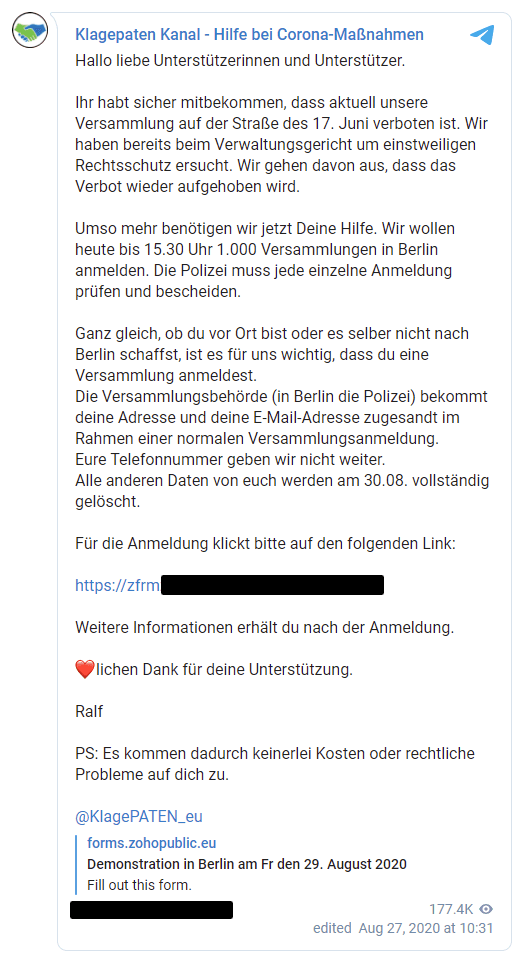 Abbildung 2: Werbung der Klagepaten für die Anmeldung von Demonstrationen in Berlin, die Nachricht wurde 177.000 Mal gesehen