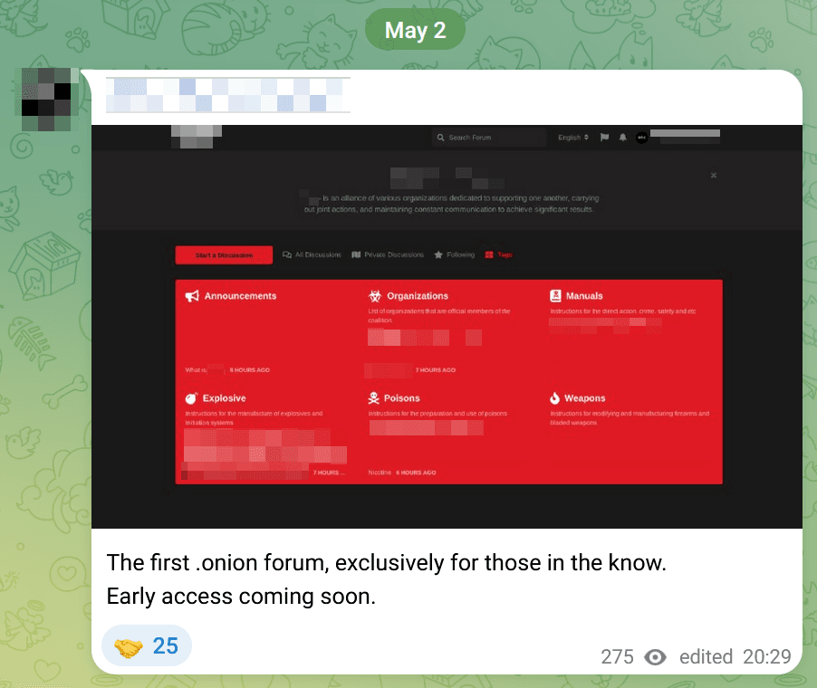 Abbildung 1: Screenshot von einem Telegram-Kanal mit der ersten Bekanntmachung am 2. Mai 2026. Unkenntlichmachung und Quelle: CeMAS.