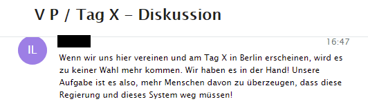 Abbildung 2: Beitrag über das Ziel die Wahl zu verhindern, in einer Telegram Gruppe die zu einem „Tag X“ mobilisiert