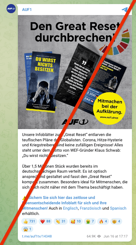 Abbildung 3: Telegram-Kanal des Alternativmediums AUF1: Werbung für Materialien