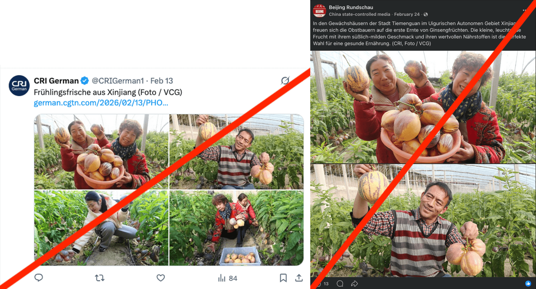 Figure 2: Screenshots of posts from two Chinese international media outlets. Smiling faces and fresh produce are intended to create the impression of a happy population in Xinjiang. In reality, the CPC systematically oppresses the Uyghurs in this region.