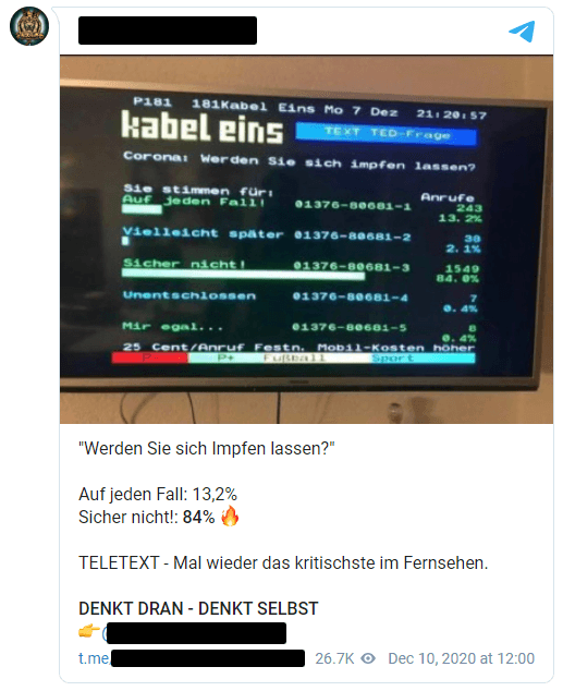 Abbildung 5: Verweis auf eine Umfrage im Teletext wonach sich eine große Mehrheit der Bevölkerung nicht impfen lasse