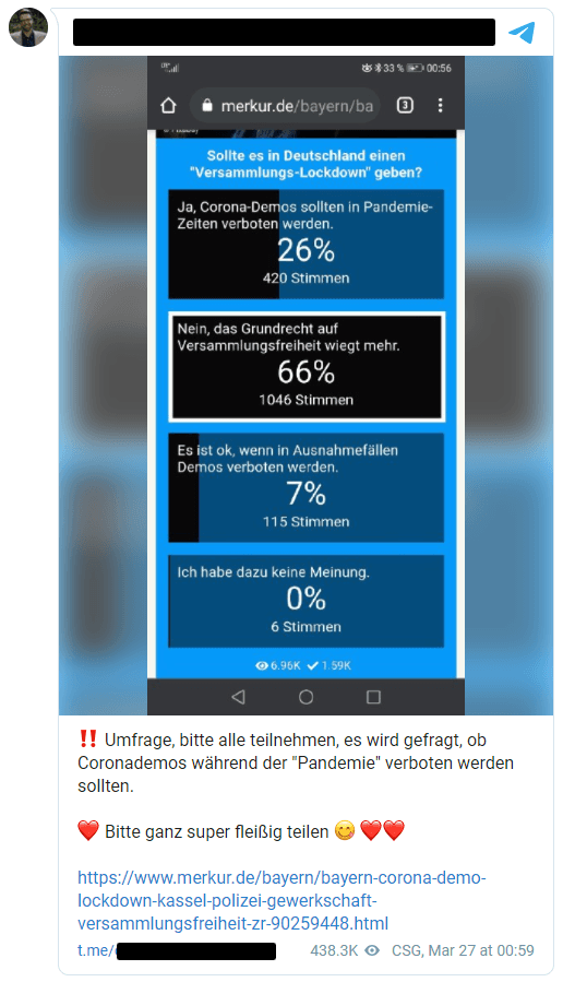 Abbildung 4: Aufruf zur Manipulation einer Umfrage. Der Telegrambeitrag wurde über 400.000-mal gesehen - an der Umfrage wurde vor Löschung über 80.000 Mal die gewünschte Option geklickt.