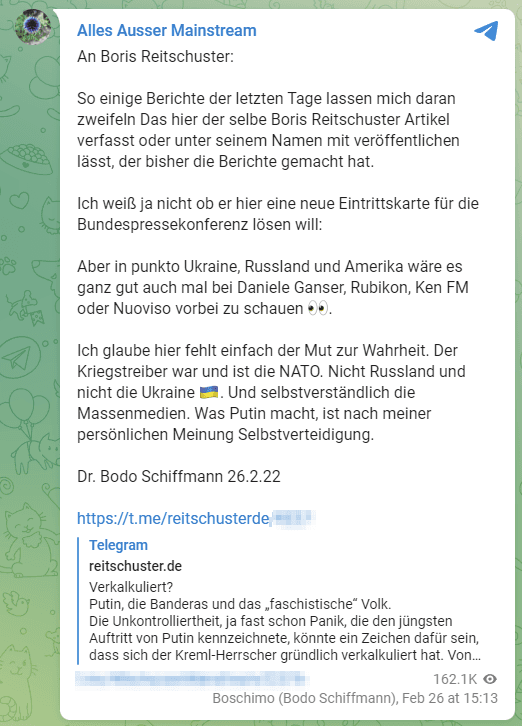 Abbildung 1: Bodo Schiffmann wendet sich gegen Boris Reitschuster auf Grund seiner Position im Russland-Ukraine-Krieg.