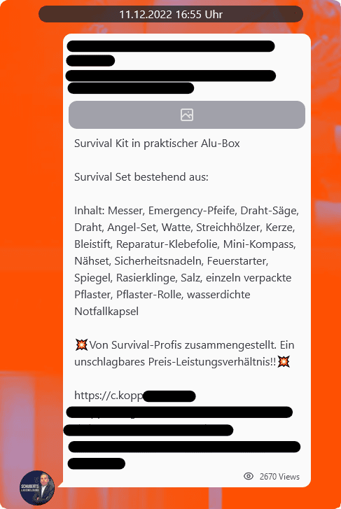 CeMAS Telegram Screenshot vom 11.12.2022 16:55 Uhr: 'Survival Kit in praktischer Alu-Box'