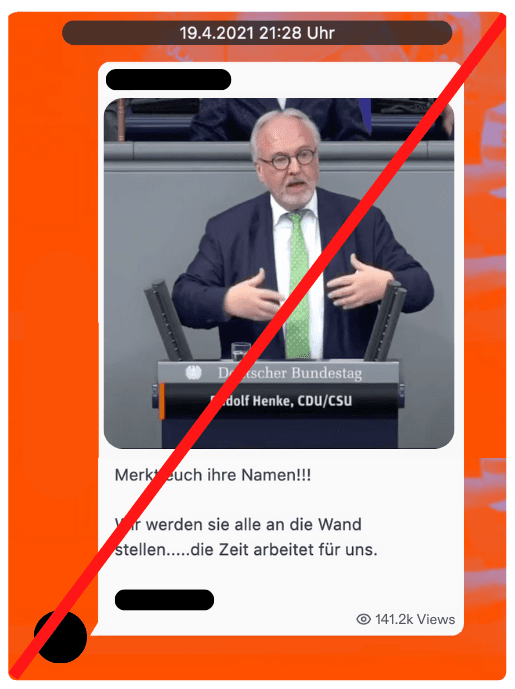 CeMAS Telegram Screenshot mit Drohung an die Regierung