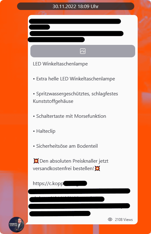 CeMAS Telegram Screenshot vom 30.11.2022 18:09 Uhr: 'LED Winkeltaschenlampe'