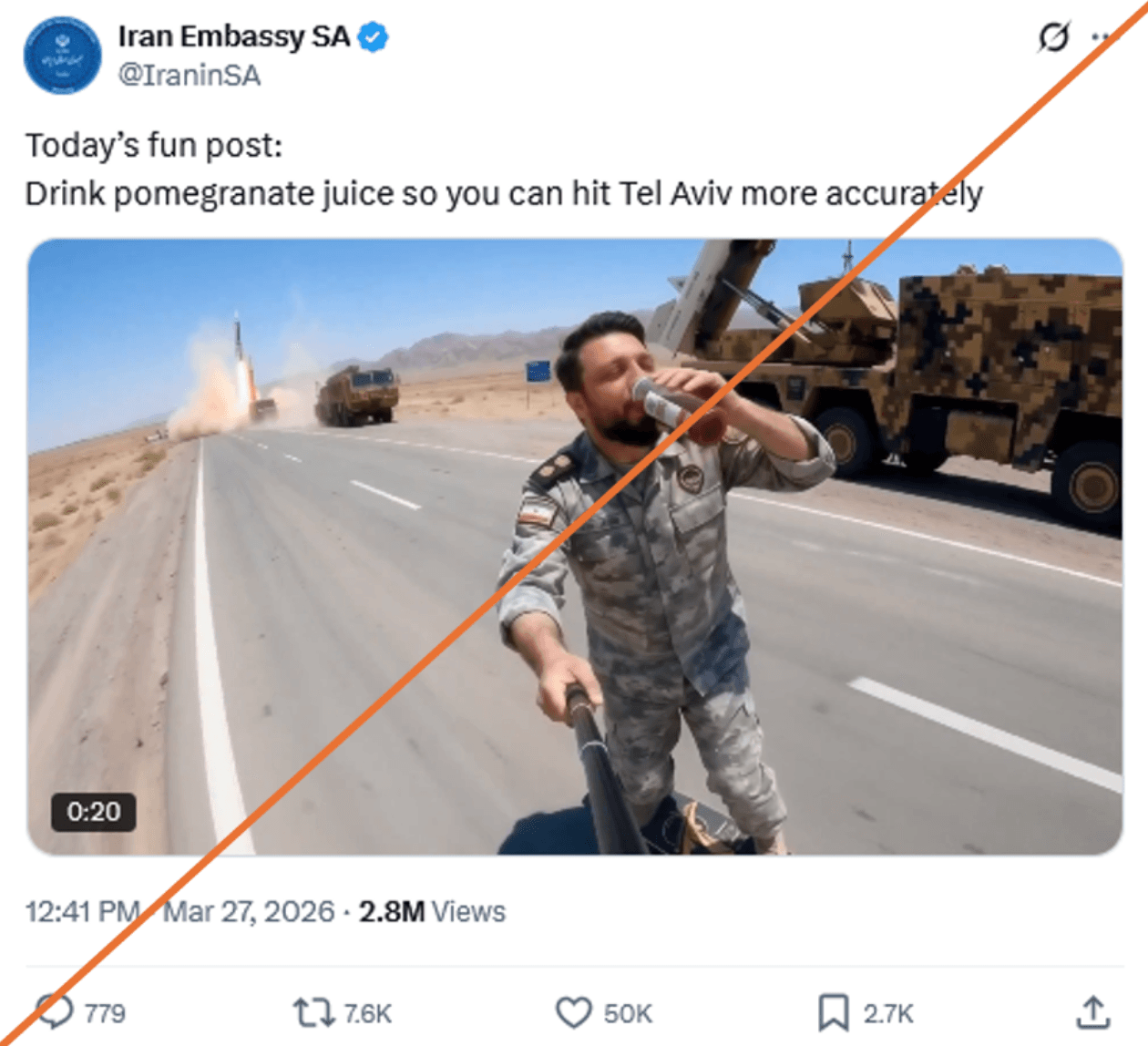 Abbildung 4: Post der iranischen Botschaft in Südafrika auf X erhielt 2,8 Millionen Views.