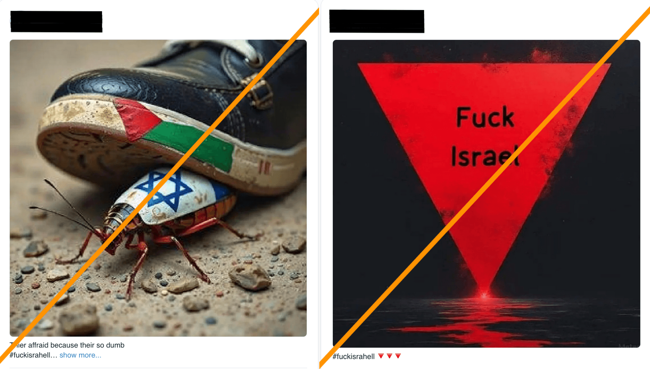 Abbildung 4: In beiden Bildern soll Israel vernichtet werden: In der Gleichsetzung Israels mit einem Insekt, das zertreten wird von Palästina, und in der Feindmarkierung Israels mit dem roten Dreieck.