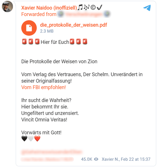 Screenshot der Telegram-Weiterleitung von Xavier Naidoo mit dem Anhang "Die Protokolle der Weisen" als PDF