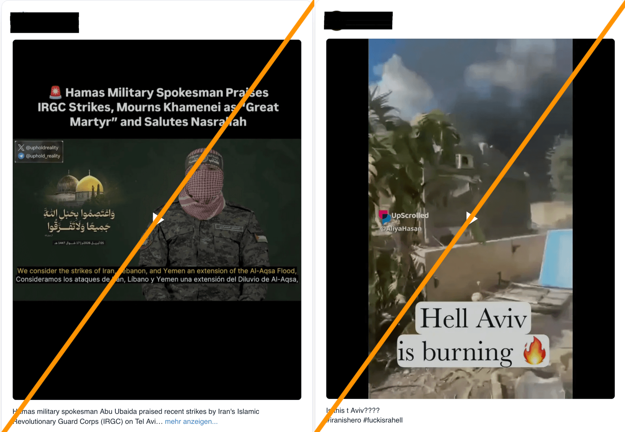 Abbildung 3: Video-Beiträge auf der Plattform UpScrolled, in denen Gewalt gegen Israel durch den Iran glorifiziert wird.