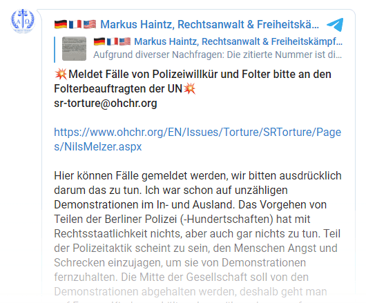 Abbildung 6: Beitrag des Szeneanwalt Markus Haintz zu Mails ans den UN-Beauftragten für Folter Nils Melzer, der Beitrag wurde über 70.000-mal gesehen.