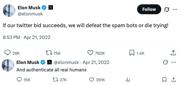 Abbildung 4: Elon Musk mit seinem damaligen Versprechen, bei einem erfolgreichen Angebot für den Kauf von Twitter gegen deren Bots vorzugehen.