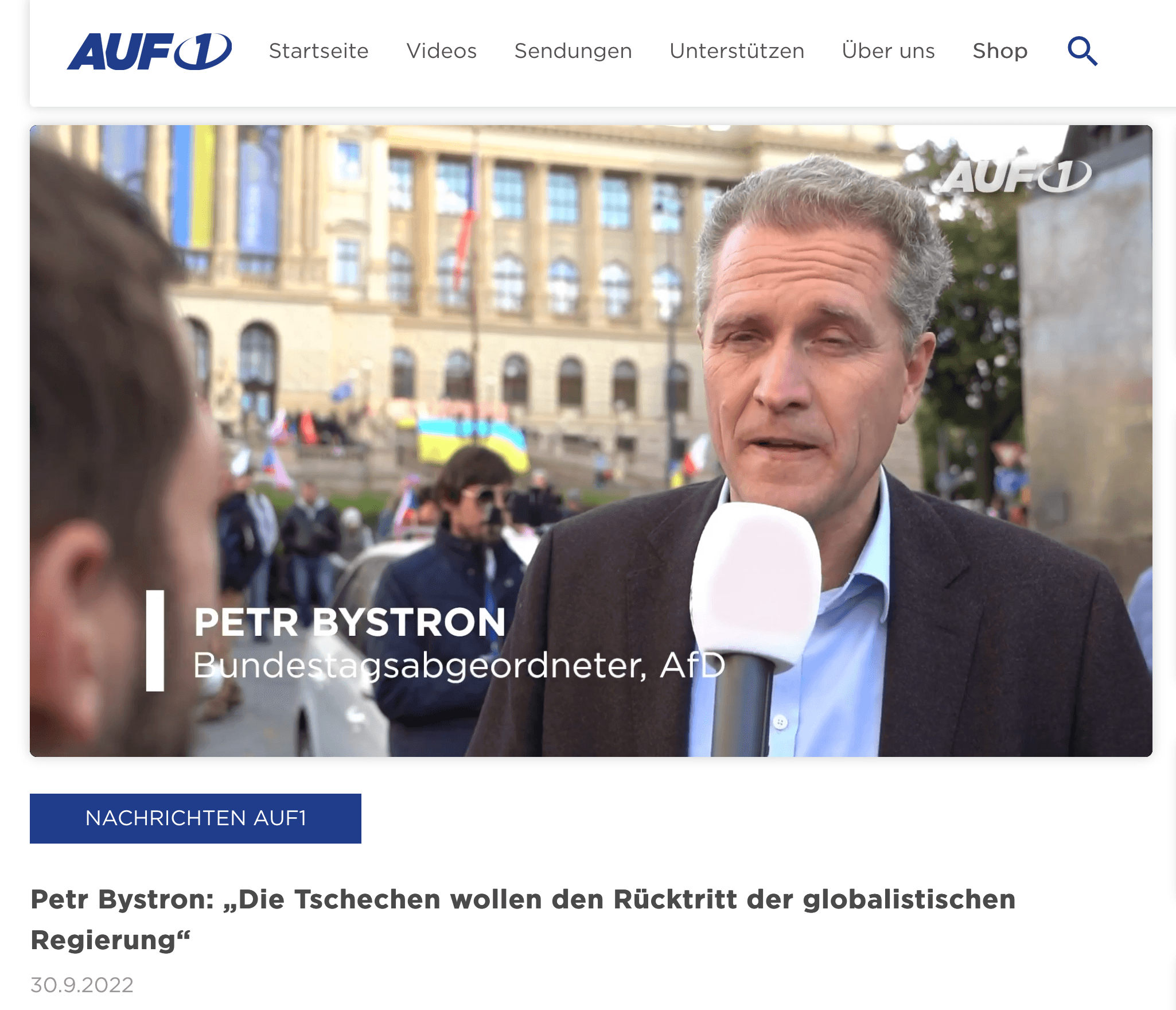 Abbildung 2: Der Bundestagsabgeordnete Petr Bystron (AfD-Europalistenplatz 2) bewirbt auf Telegram sein Interview mit der verschwörungsideologischen und rechtsextremen Webseite AUF1