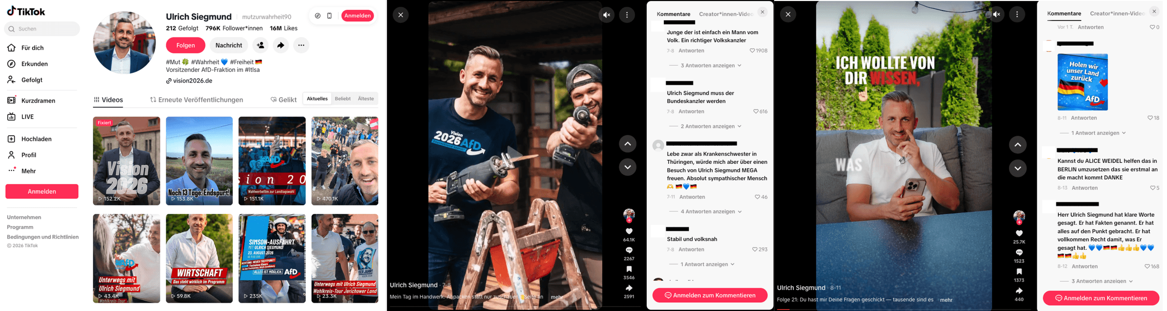 Screenshots von Ulrich Siegmunds TikTok-Profil