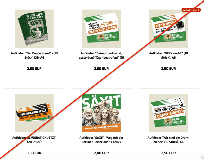 Abbildung 1: Screenshot des Onlineshop der rechtsextremen Kleinstpartei "Freie Sachsen". Angeboten werden Sticker mit rechtsextremen Parolen, Verschwörungserzählungen und Impfgegner-Inhalten.
