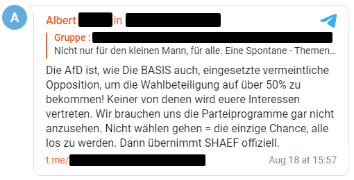 Abbildung 3: Beitrag in einer QAnon-Gruppe mit über 24.000 Abonnent:innen über die angebliche Regelung nach der SHAEF bei einer Wahlbeteiligung von unter 50% Deutschland übernehmen würde.