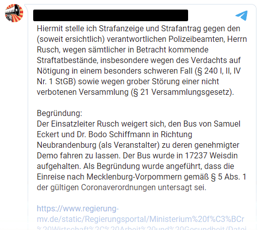 Abbildung 3: Eine vorgefertigte Strafanzeige gegen den Polizeichef Torsten Rusch, angefertigt durch Markus Haintz (gespiegelt auf einem anderen Kanal). Die Nachricht wurde 123.000-mal gesehen.