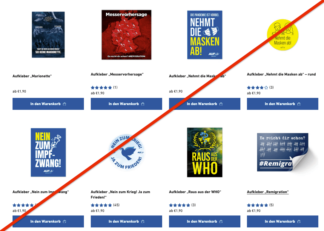 Abbildung 2: Screenshot eines rechtsextremen Online-Shops des Senders AUF 1. Angeboten werden Sticker mit rechtsextremen Parolen, Verschwörungserzählungen und Impfgegner-Inhalten.