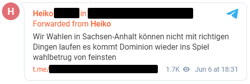 Abbildung 1: Beitrag über angebliche Wahlmanipulation durch Dominion in der Landtagswahl in Sachsen-Anhalt in einer QAnon-Gruppe mit 23.000 Abonnent:innen.