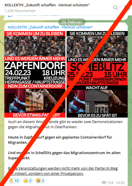 Abbildung 1: Screenshot einer Nachricht vom 24. Februar 2023 im Telegram Kanal des sog. Kollektiv Zukunft schaffen Heimat schützen (KZSHS)