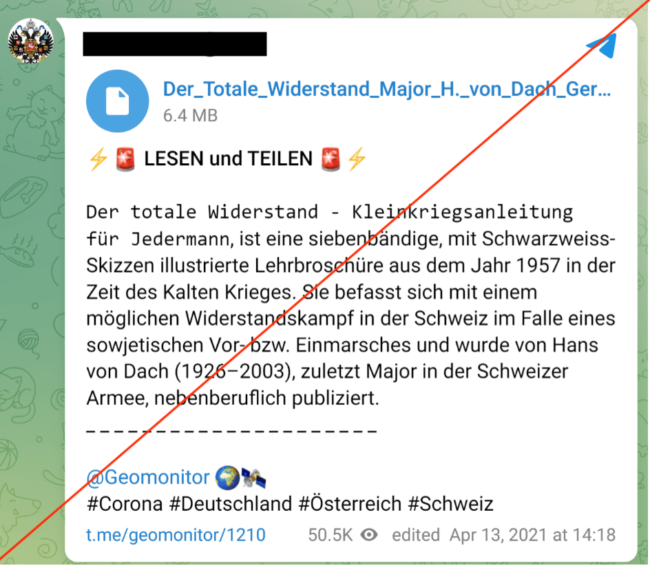Abbildung 1: Screenshot einer auf Telegram geteilten Anleitung für Angriffe auf Stromnetzwerke aus dem Buch „Der totale Widerstand. Kleinkriegsanleitung für jedermann“