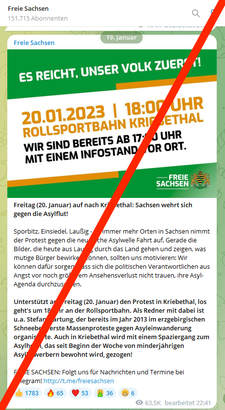 Abbildung 2: Screenshot einer Telegram Nachricht der sog. Freien Sachen vom 19. Januar 2023