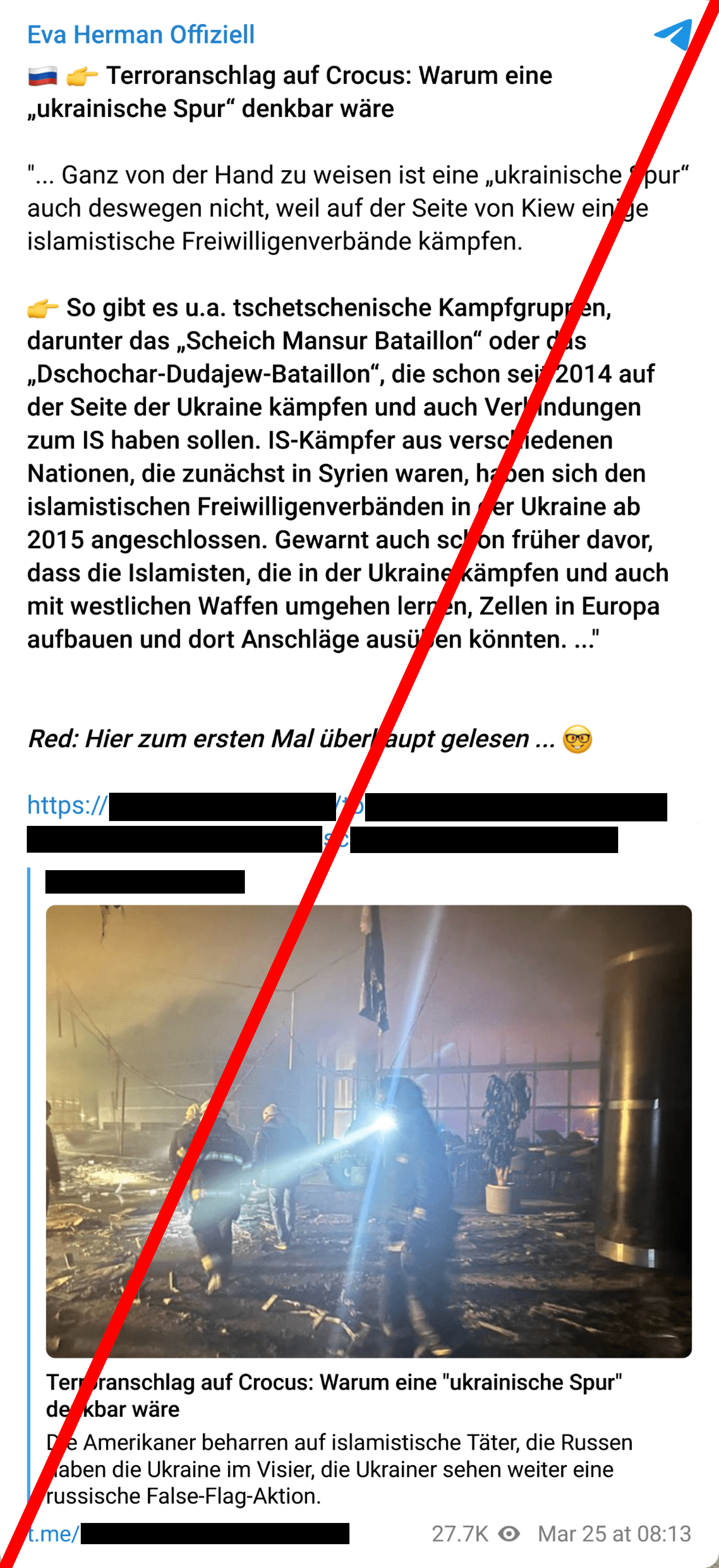 Screenshot aus Telegram: 'AUF1' bewirbt einen Artikel mit dem Titel 'Terroranschlag in Moskau: USA warnen seit 7. März!'