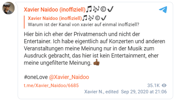 Screenshot zur Umbennenung des Kanals in Xavier Naidoo inoffiziell am 29. September 2020 von Xavier Naidoo