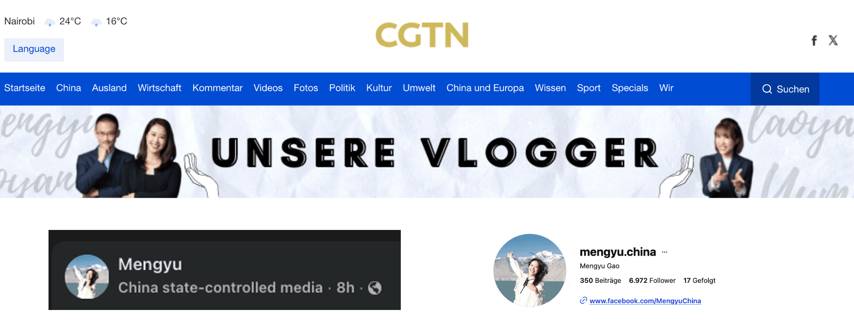 Figure 5: The influencer Mengyu is listed on the website of the Chinese media outlet CGTN under “Our Vloggers.” Her Facebook page is identified as state-controlled media, but her Instagram profile is not. None of these posts are available in the MCL.