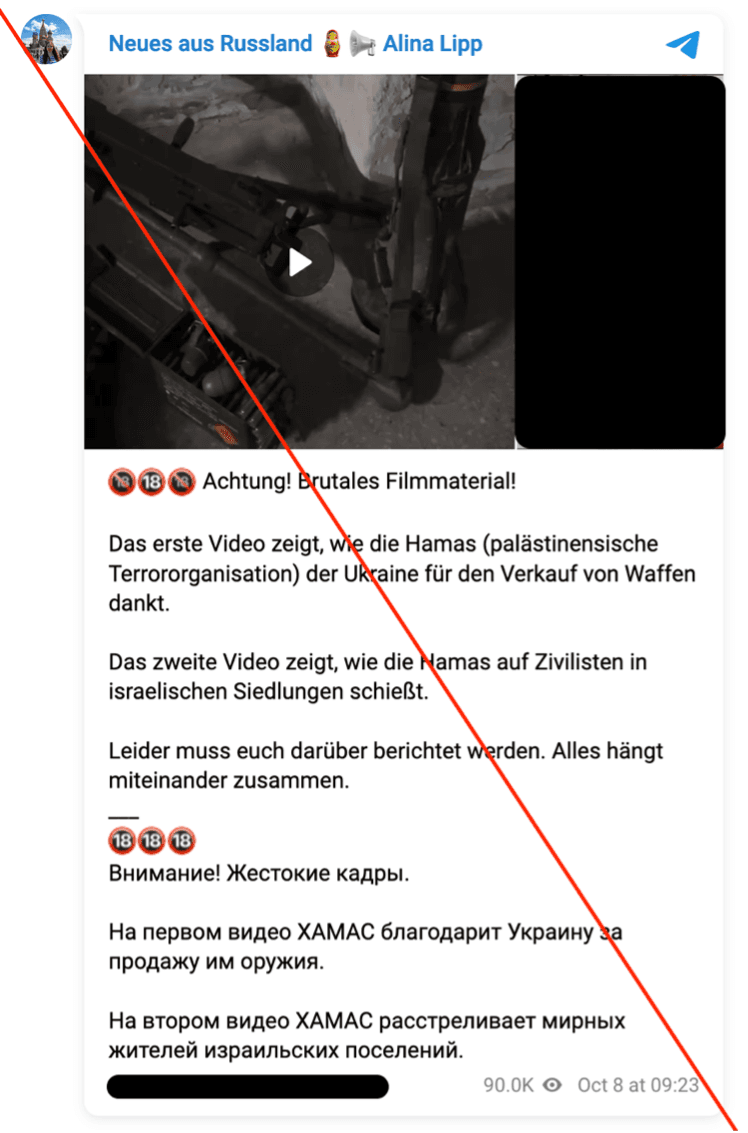 Abbildung 1 – Falschbehauptung über angebliche Waffenlieferungen an die Hamas durch die Ukraine, verbreitet durch die pro-russische Desinformations-Influencerin Alina Lipp am 8. Oktober