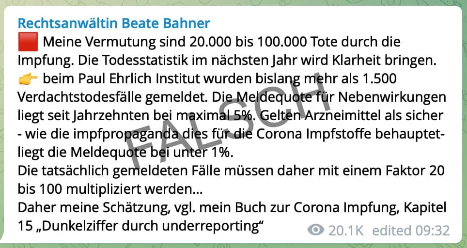 Screenshot einer fälschlichen Behauptung der Rechtsanwälting Beate Bahner über eine vermeintliche Gefährlichkeit der Impfung. Dabei multipliziert sie bestehende Zahlen über Nebenwirkungen und mögliche Todesfälle mit dem Faktor 20 bis 100.