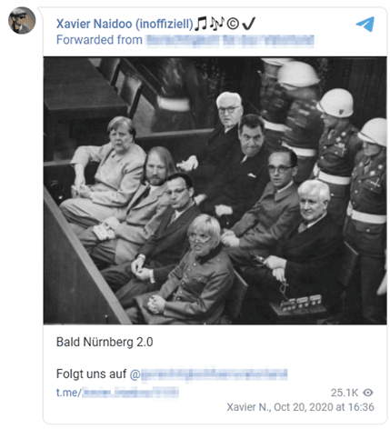Abbildung 2: Der Kanal Xavier Naidoo (inoffiziell) stellt eine Verbindung von an der Pandemiebekämpfung Beteiligten und den historischen Nürnberger Prozessen gegen nationalsozialistisches Führungspersonal her.