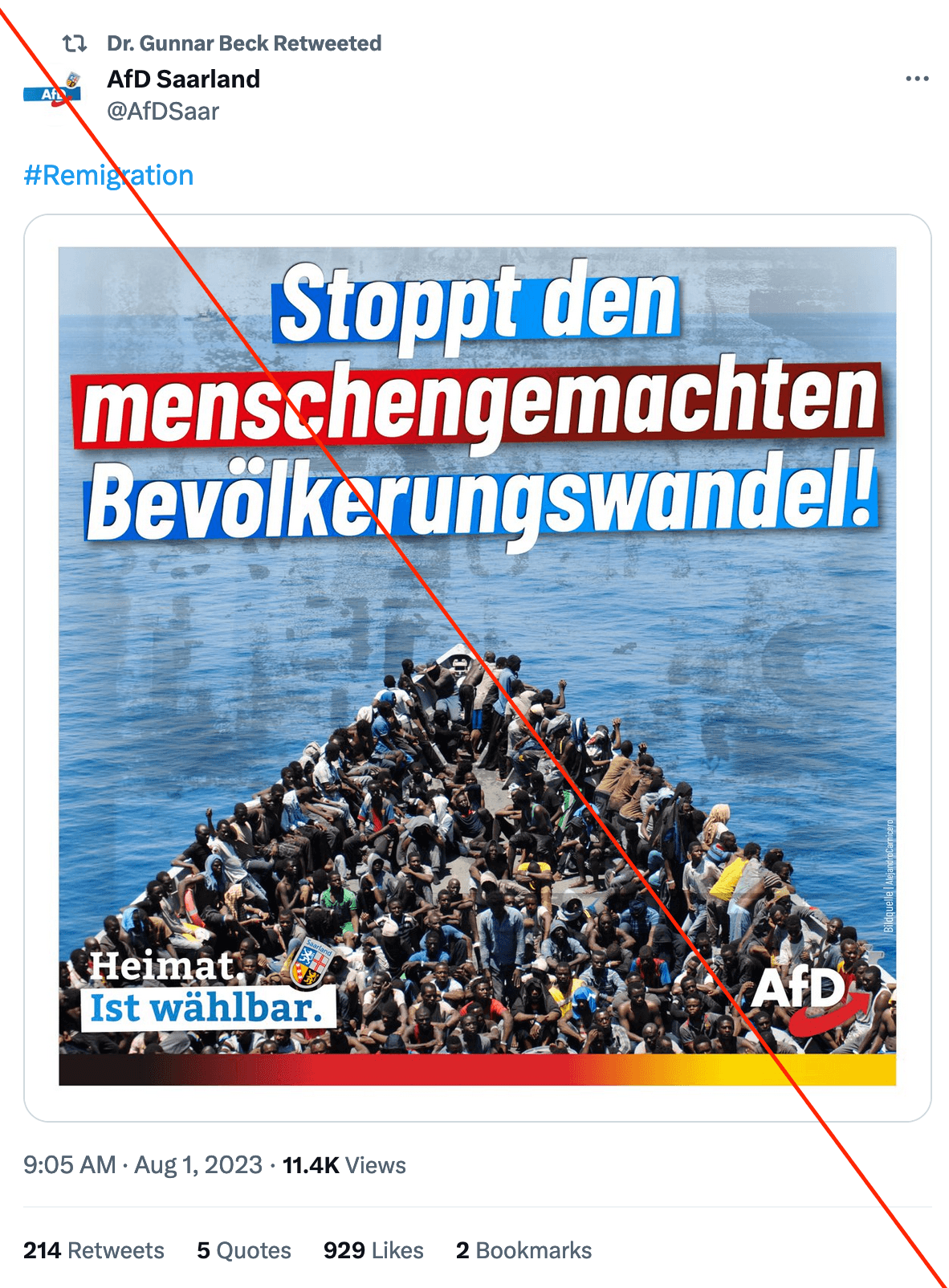 Abbildung 1: Der AfD-Europaabgeordente Gunnar Beck teilt einen Tweet der AfD Saarland, welche auf die Verschwörungserzählung um den großen Austausch anspielt