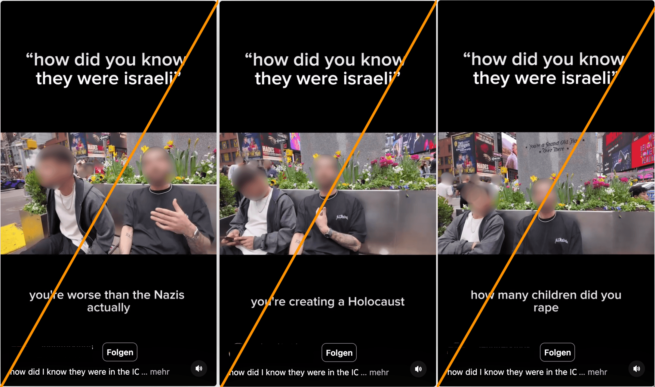 Abbildung 1: Sequenzen aus einem Instagram-Reel, in denen Israelis mit antisemitischen Aussagen konfrontiert werden.