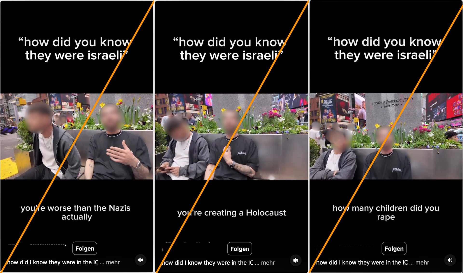 Abbildung 1: Sequenzen aus einem Instagram-Reel, in denen Israelis mit antisemitischen Aussagen konfrontiert werden.