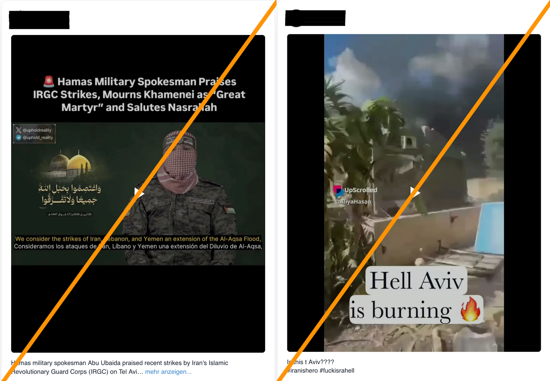 Abbildung 3: Video-Beiträge auf der Plattform UpScrolled, in denen Gewalt gegen Israel durch den Iran glorifiziert wird.