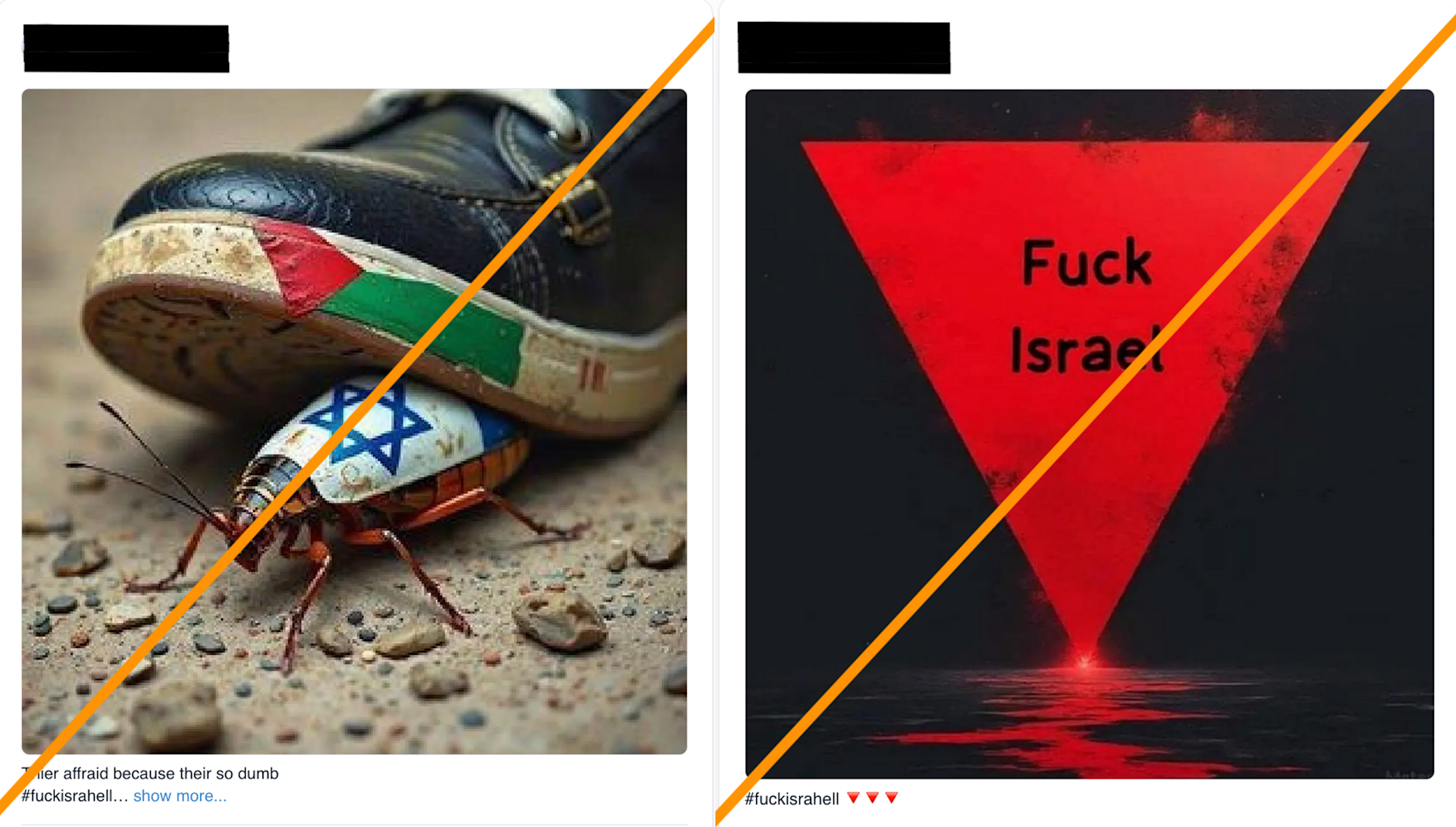 Abbildung 4: In beiden Bildern soll Israel vernichtet werden: In der Gleichsetzung Israels mit einem Insekt, das zertreten wird von Palästina, und in der Feindmarkierung Israels mit dem roten Dreieck.