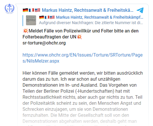 Beitrag des Szeneanwalt Markus Haintz zu Mails ans den UN-Beauftragten für Folter Nils Melzer, der Beitrag wurde über 70.000-mal gesehen.