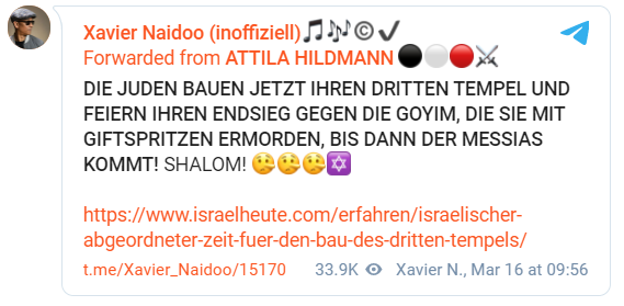 Screenshot einer Weiterleitung eines antisemitischen Beitrags von Attila Hildmann durch Xavier Naidoo