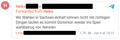 Beitrag über angebliche Wahlmanipulation durch Dominion in der Landtagswahl in Sachsen-Anhalt in einer QAnon-Gruppe mit 23.000 Abonnent:innen.