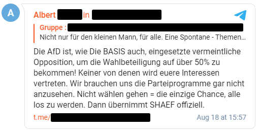 Beitrag in einer QAnon-Gruppe mit über 24.000 Abonnent:innen über die angebliche Regelung nach der SHAEF bei einer Wahlbeteiligung von unter 50% Deutschland übernehmen würde.