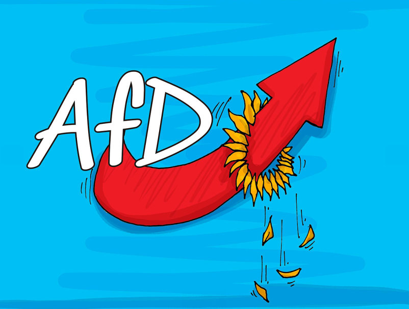 Eine Karikatur zeigt: Einen blauen Hintergrund, die Aufschrift “AfD”, einen roten Pfeil, der eine Sonnenblume zerstört.